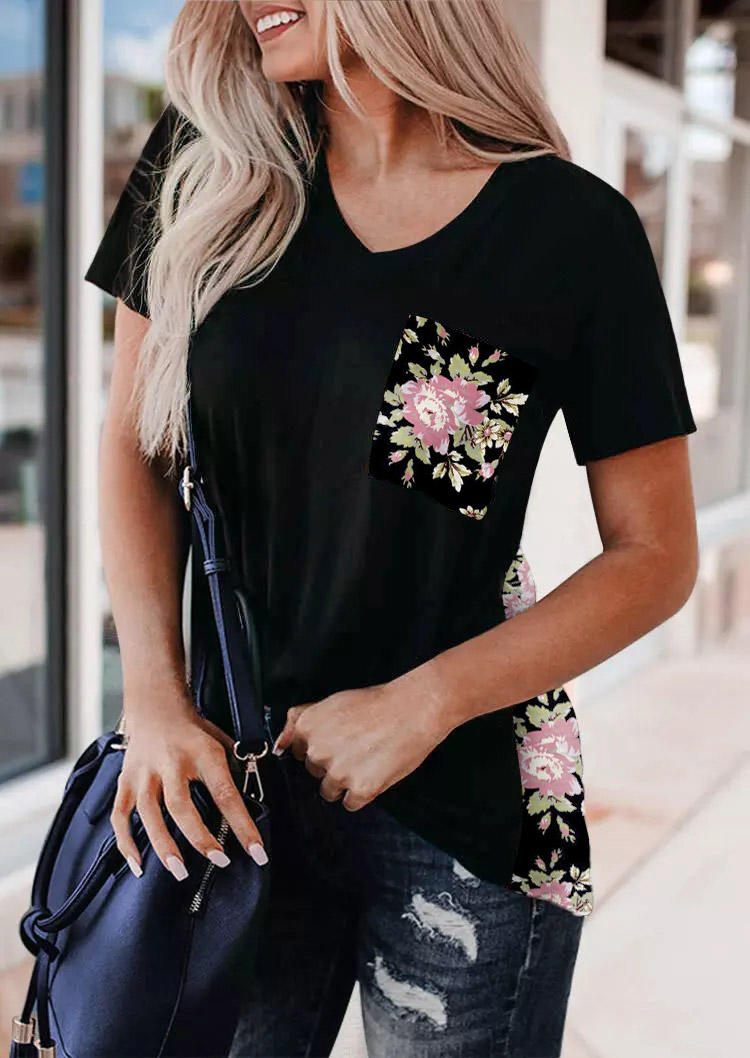 

Blouses Floral Pocket V-Neck Blouse in Black. Size