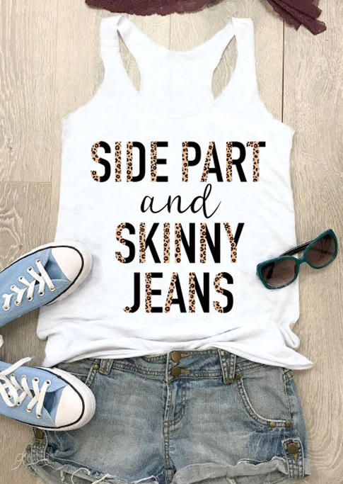 

Tank Tops Side Part And Skinny Jeans Leopard Racerback Tank Top in White. Size