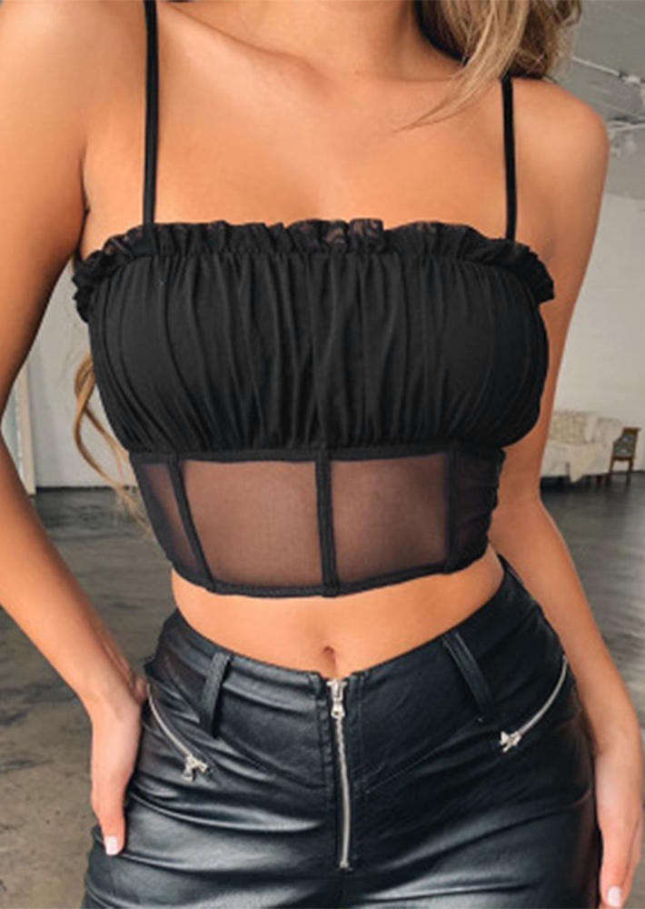 

Crop Tops Ruffled Mesh Splicing Spaghetti Strap Crop Top in Black. Size: ,XL