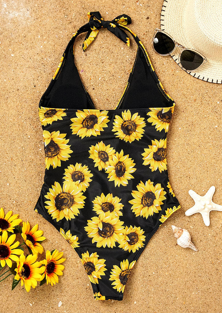 Sunflower Hollow Out One-Piece Swimsuit - Black - Fairyseason