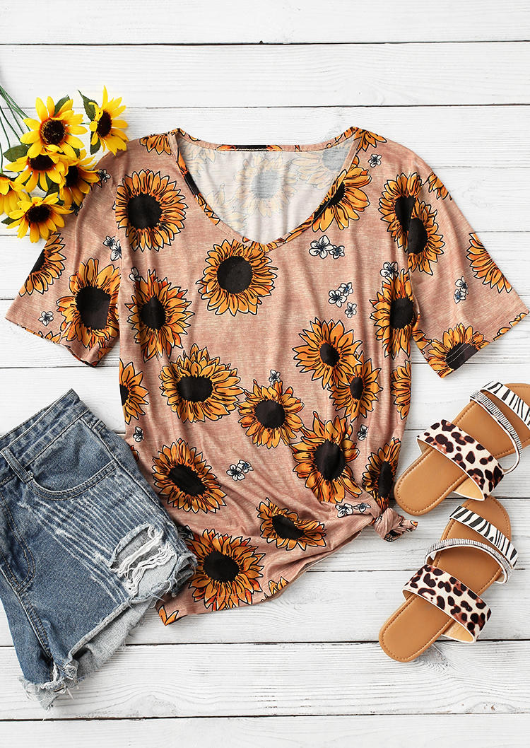 T-shirts Tees Sunflower V-Neck Loose T-Shirt Tee in Multicolor. Size: S,M,L