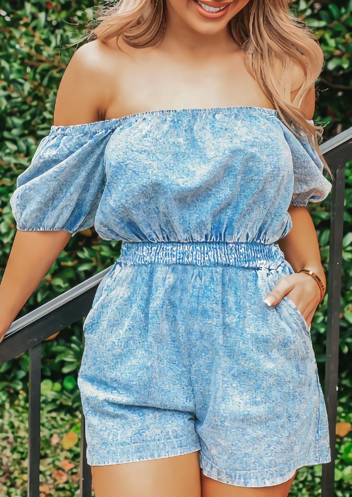 Off Shoulder Elastic Waist Pocket Romper - Light Blue