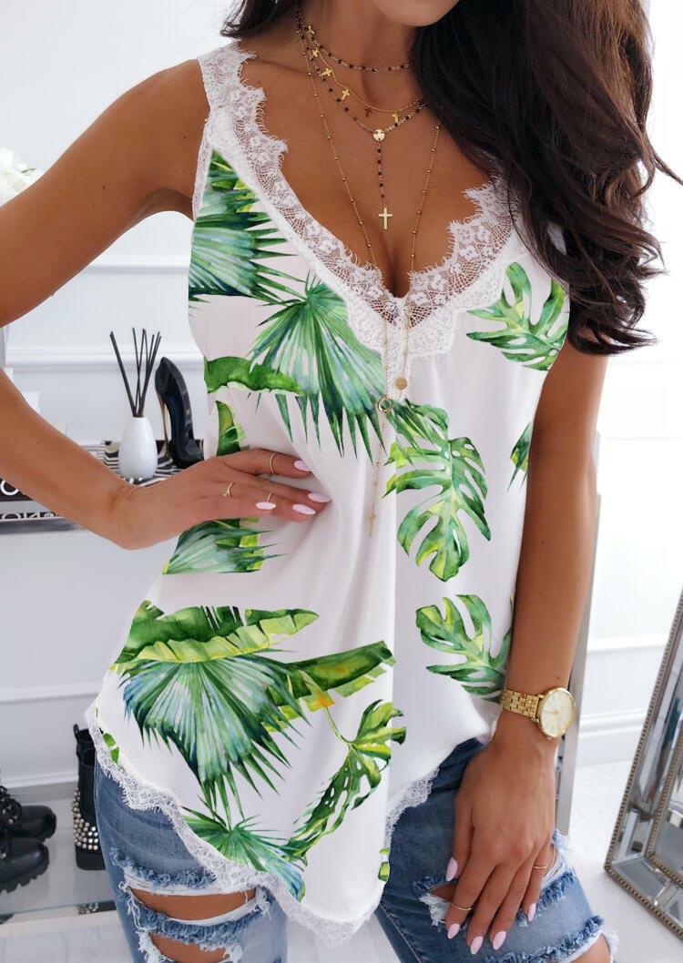 Tank Tops Lace Splicing Palm Leaf Tank Top in White. Size: M,L