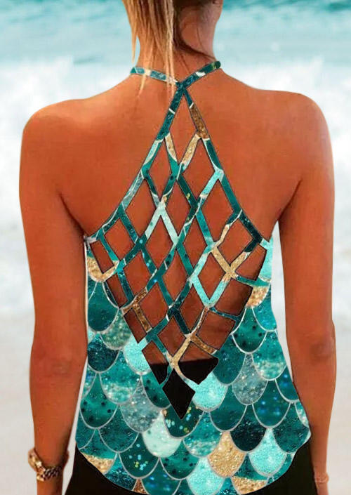 

Tank Tops Colorful Mermaid Scales Criss-Cross Camisole in Green. Size