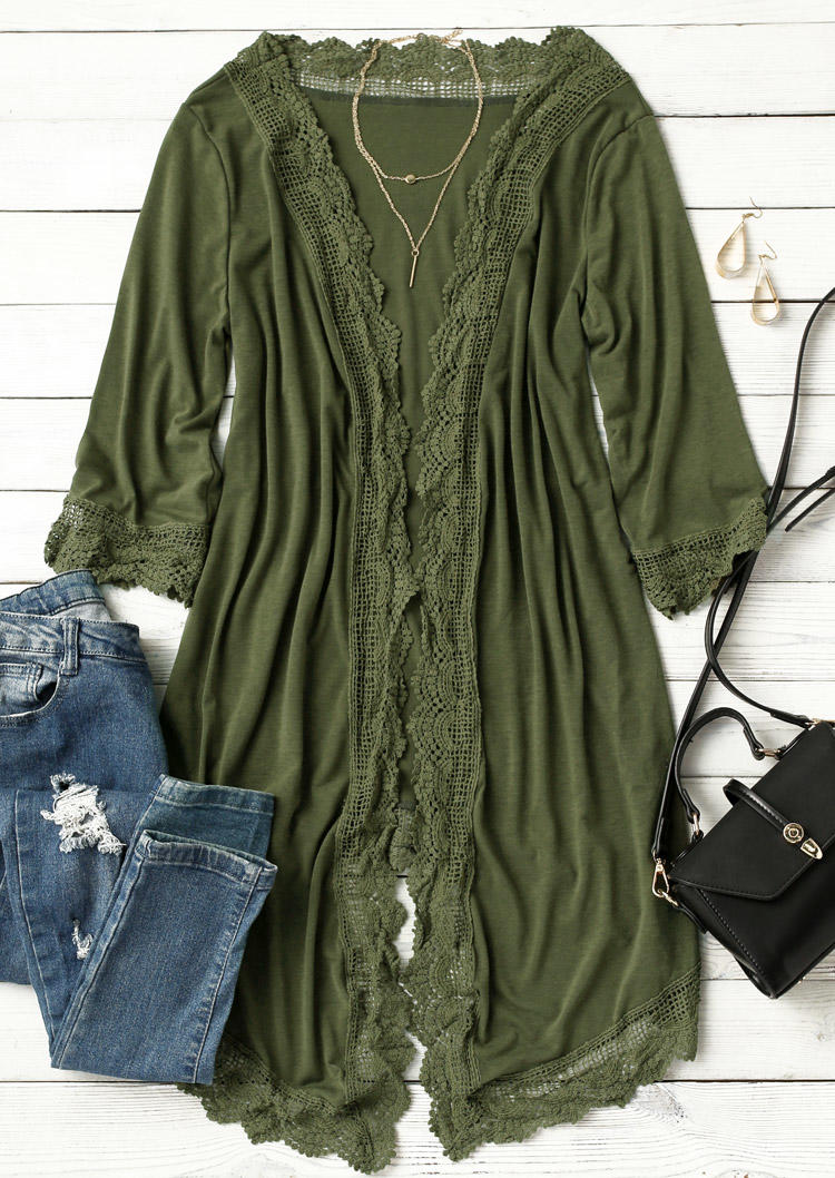 

Cardigans Lace Splicing Three Quarter Sleeve Cardigan in Army Green. Size