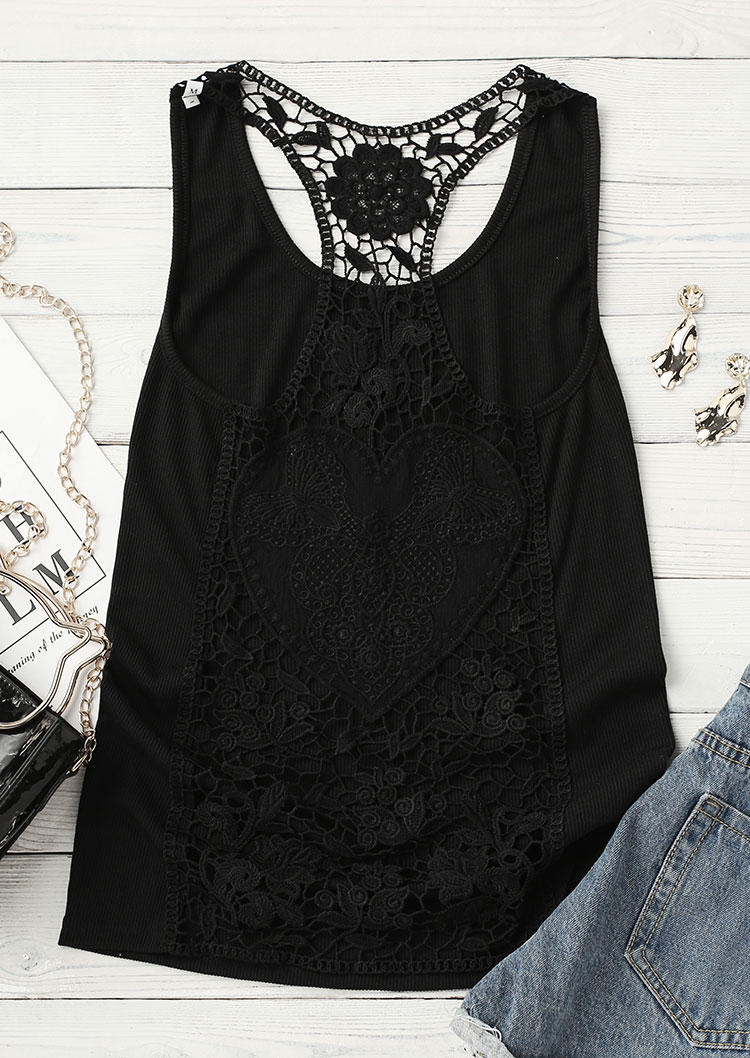 Hollow Out Lace Heart Splicing O-Neck Tank - Black