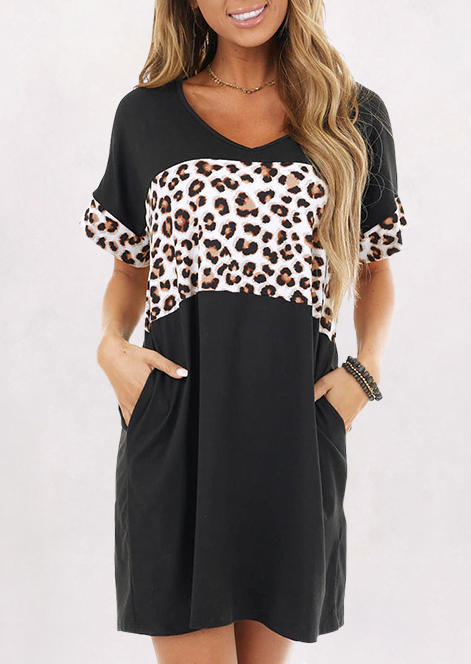 

Mini Dresses Leopard Splicing Pocket Mini Dress in Black. Size