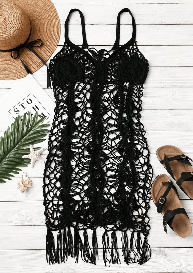 

Cover Ups Hollow Out Tassel Crochet Spaghetti Strap Cover Up in Black. Size