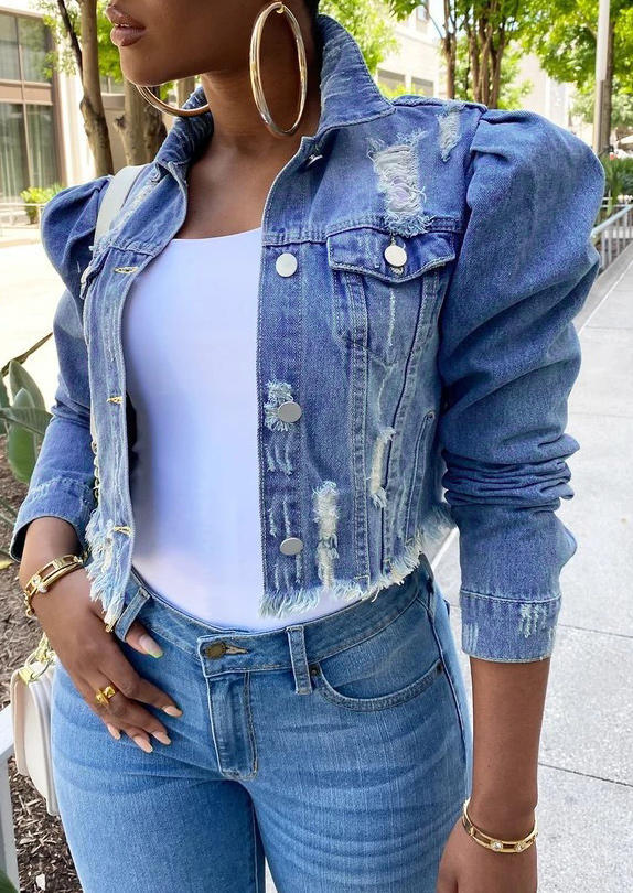 

Coats Button Pocket Ripped Hole Denim Jacket Coat in Blue. Size: ,M,L