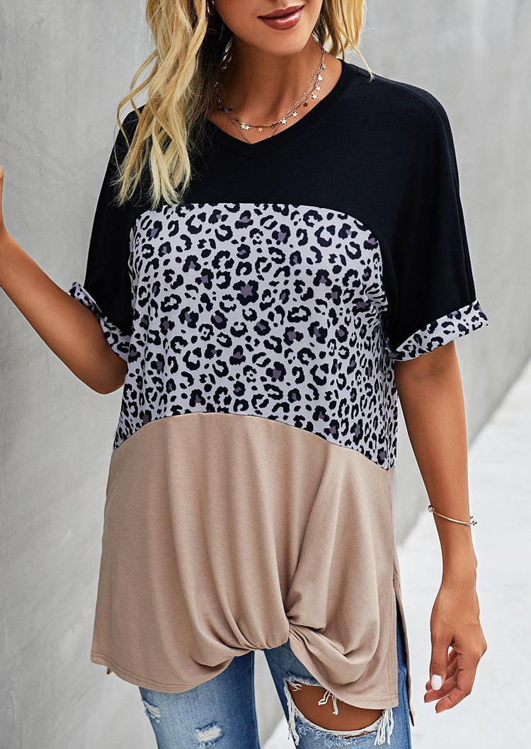 

Blouses Leopard Color Block Twist Slit Blouse in Multicolor. Size