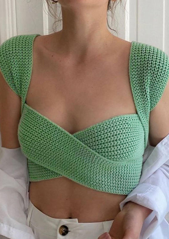 

Crop Tops Criss-Cross Sleeveless Knitted Crop Top in Green. Size