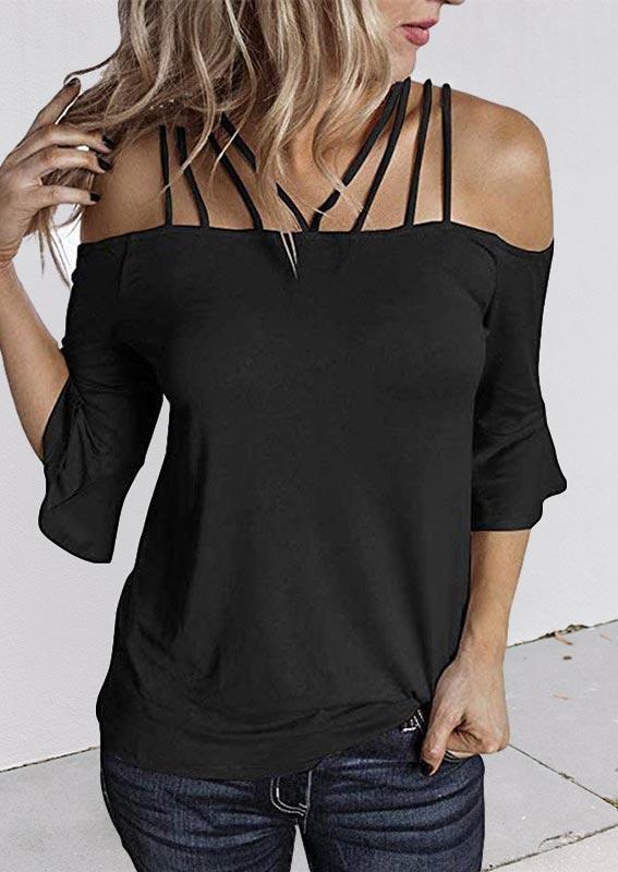

Blouses Hollow Out Spaghetti Strap Flare Sleeve Blouse in Black. Size