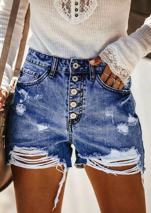 

Shorts Button Ripped Hole High Waist Denim Shorts in Blue. Size: ,L,XL