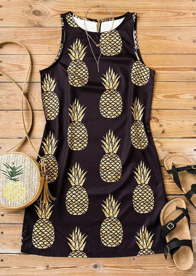 

Mini Dresses Pineapple O-Neck Sleeveless Mini Dress in Black. Size
