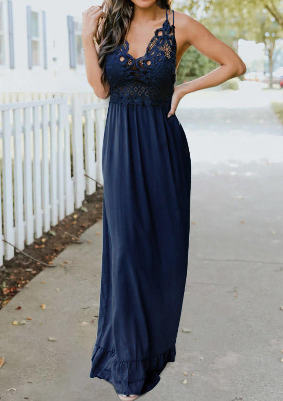 

Maxi Dresses Ruffled Hollow Out Lace Splicing Adjustable Strap Maxi Dress in Deep Blue. Size