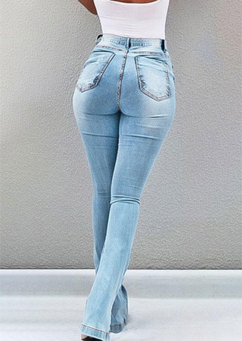 

Pants Ripped Hole Stretchy Slit Flare Denim Jeans in Light Blue. Size