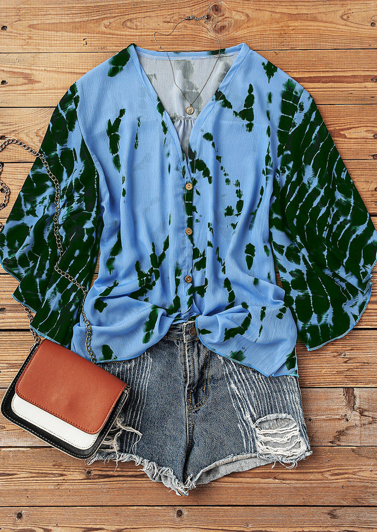 Shirts Tie Dye Button V-Neck Flare Sleeve Shirt in Blue. Size: M,L