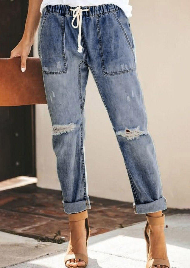 

Pants Ripped Hole Drawstring Elastic Waist Pocket Denim Jeans in Light Blue. Size: ,L,XL