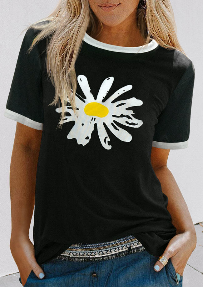 T-shirts Tees Daisy Floral Splicing O-Neck T-Shirt Tee in Green. Size: L,M,S,XL