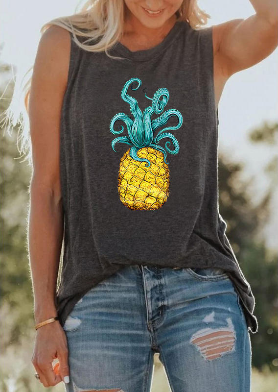 

Tank Tops Pineapple Octopus Casual Tank Top in Dark Grey. Size: ,M,XL