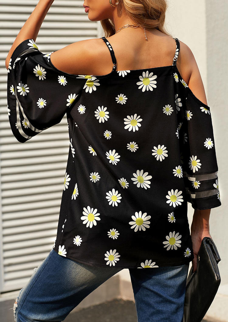 Blouses Daisy Mesh Splicing Cold Shoulder Blouse -  Black in Black. Size: M,XL