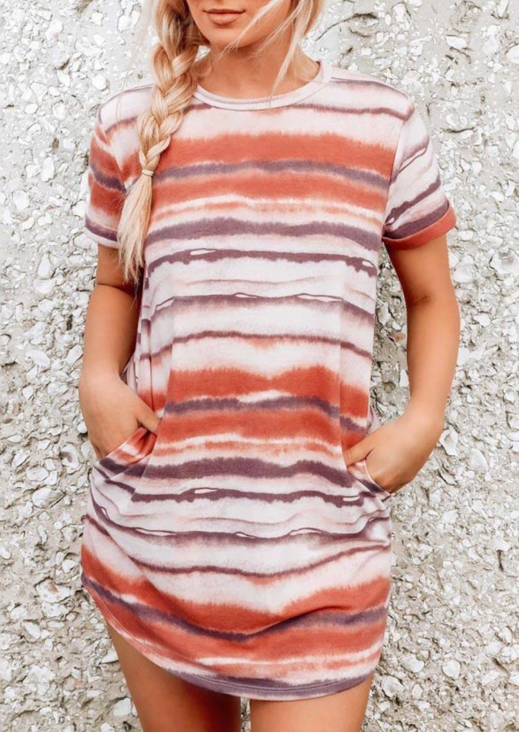 

Mini Dresses Tie Dye Striped Pocket O-Neck Mini Dress in Multicolor. Size: ,L,XL