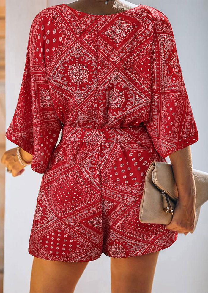 

Jumpsuits & Rompers Geometric Mandala Wrap V-Neck Romper in Red. Size: S,,L