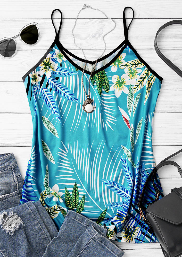 

Tank Tops Floral Palm Leaf Spaghetti Strap Camisole in Cyan. Size
