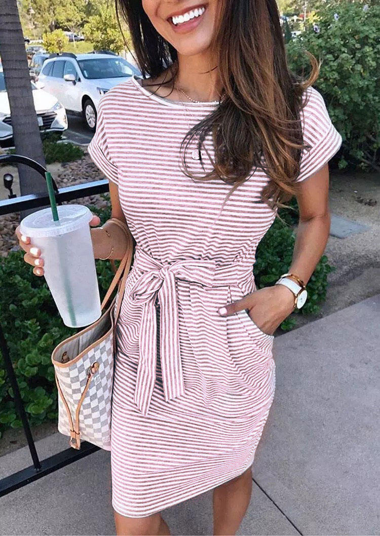 

Mini Dresses Striped Pocket Tie Mini Dress in Cameo Brown. Size: ,XL