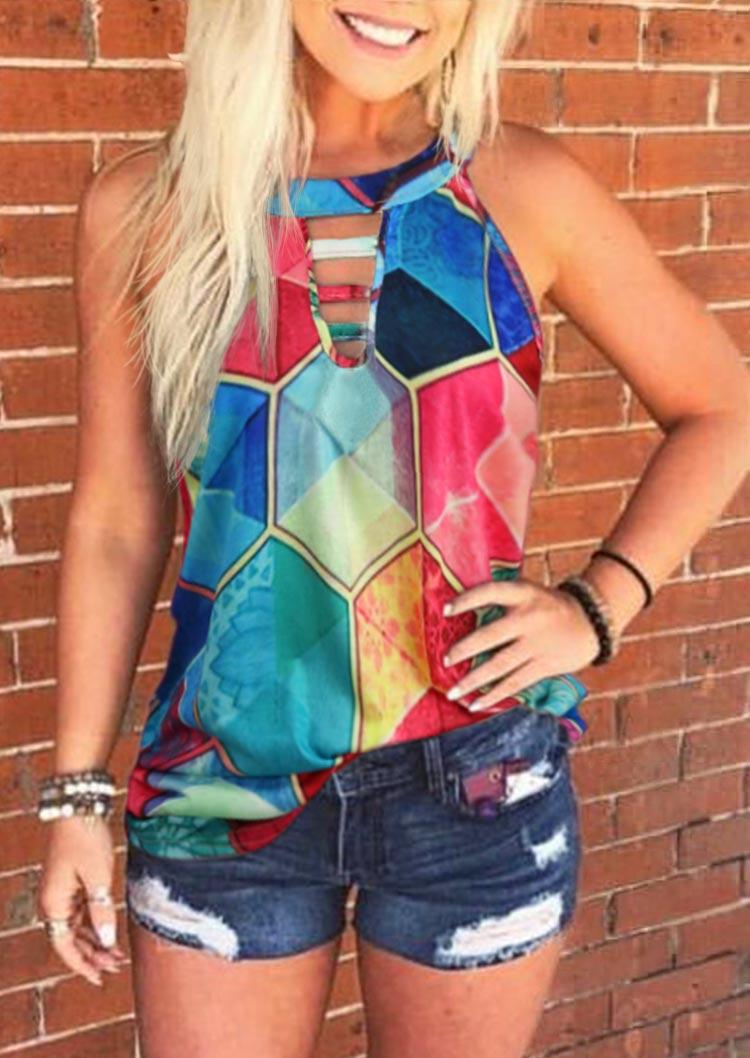 

Tank Tops Colorful Geometric Keyhole Neck Halter Tank Top in Multicolor. Size: ,M,L