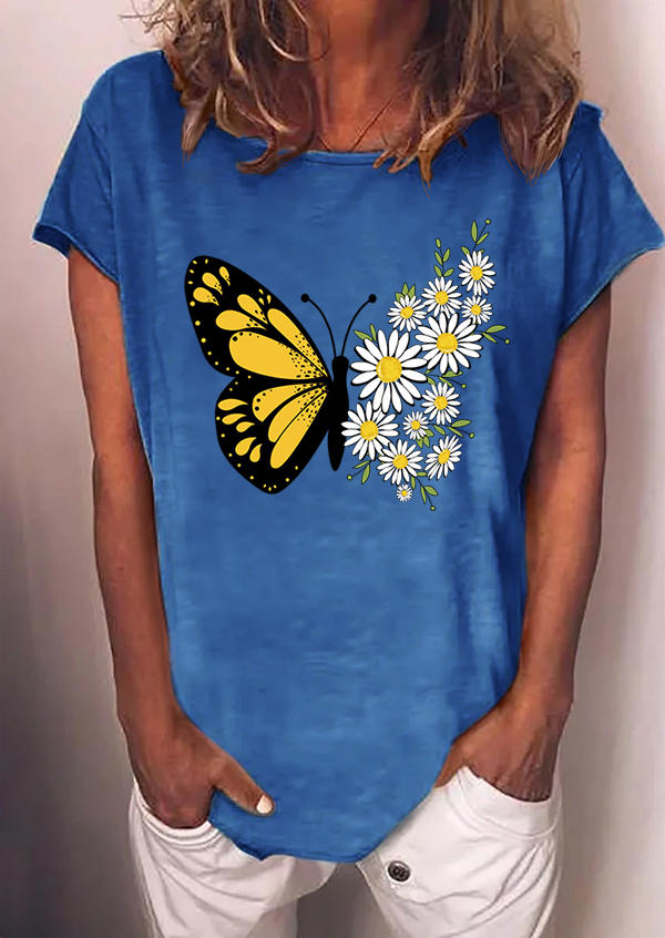 

T-shirts Tees Butterfly Daisy O-Neck T-Shirt Tee in Blue. Size