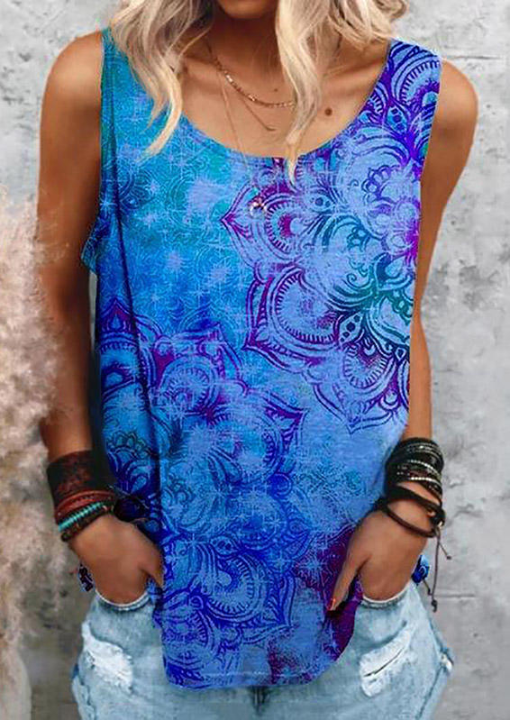 

Tank Tops Mandala O-Neck Casual Tank Top in Royal Blue. Size