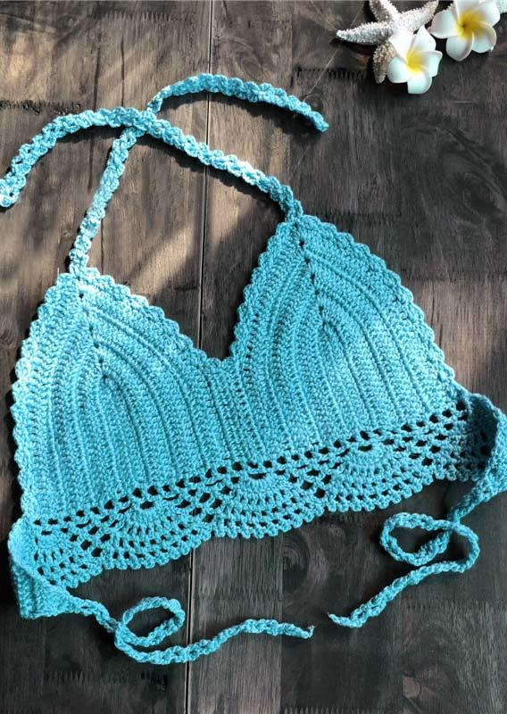 

Crop Tops Crochet Knitted Halter Tie Crop Top in Sky Blue. Size