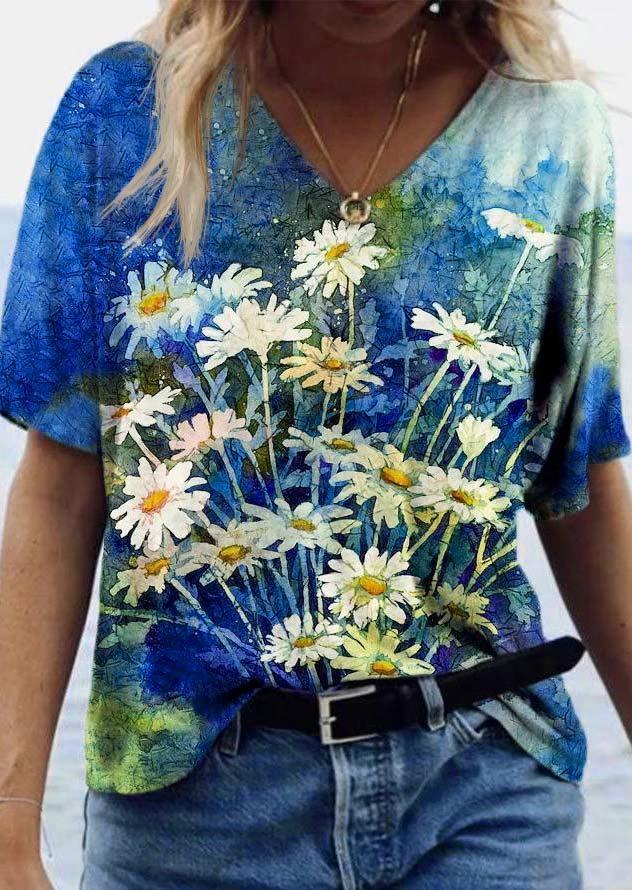 

Blouses Daisy Oil Painting V-Neck Blouse in Multicolor. Size: ,M,L