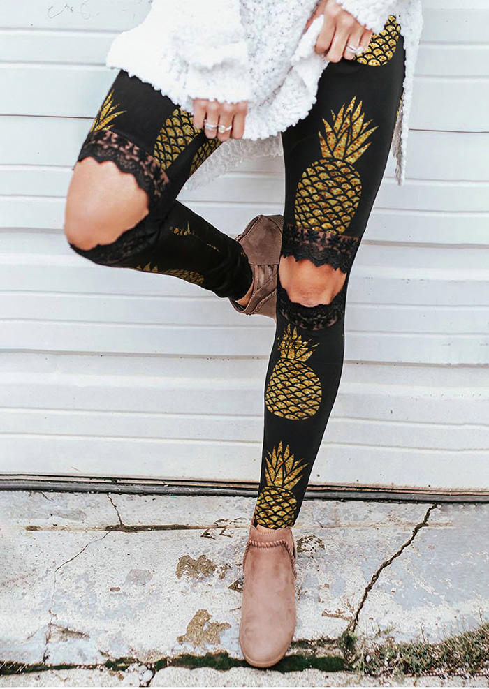 

Leggings Pineapple Lace Hollow Out Skinny Leggings in Black. Size: M
