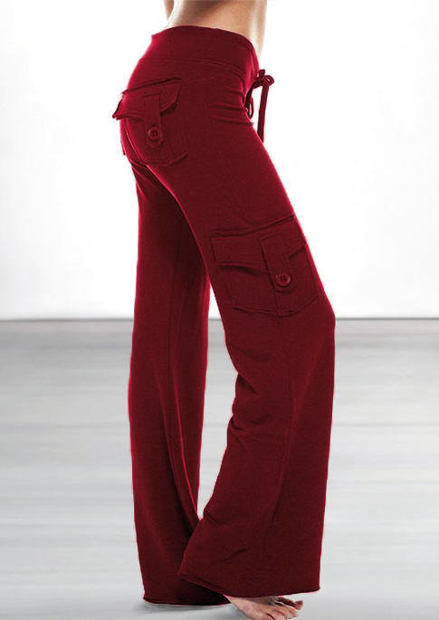 

Pants Elastic Waist Pocket Button Wide Leg Pants in Burgundy. Size