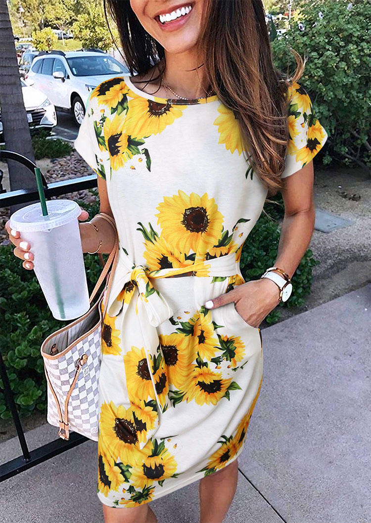 Sunflower Pocket Tie Front O-Neck Mini Dress