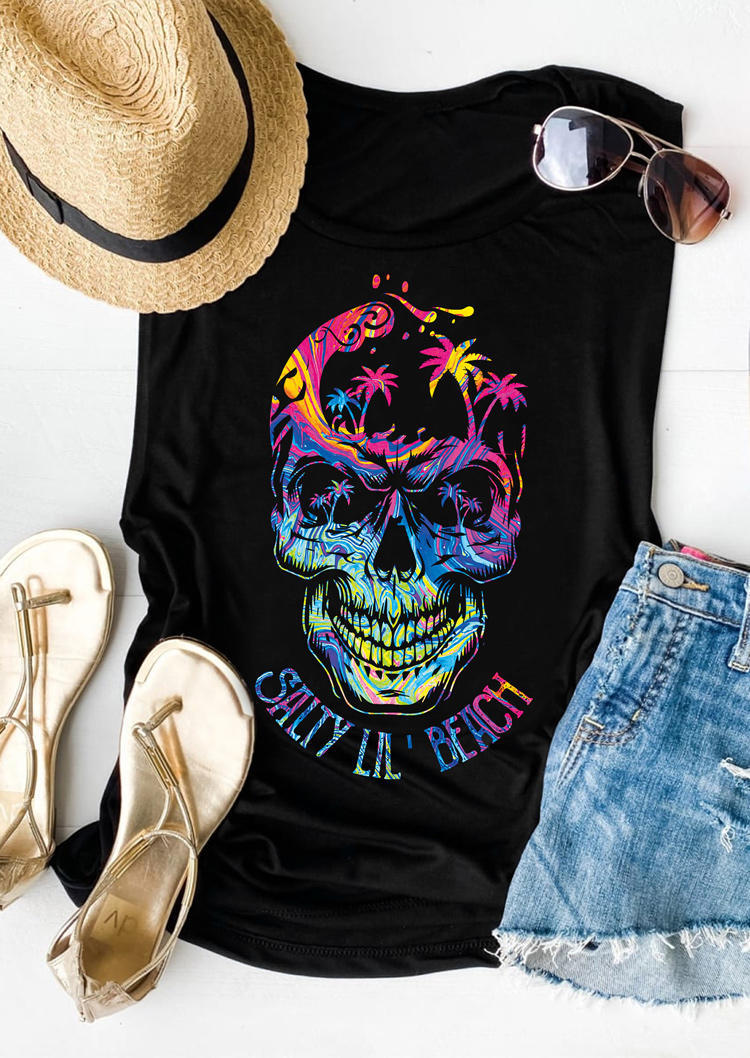 

Tank Tops Salty Lil' Beach Colorful Skull Coconut Tree Tank Top in Black. Size