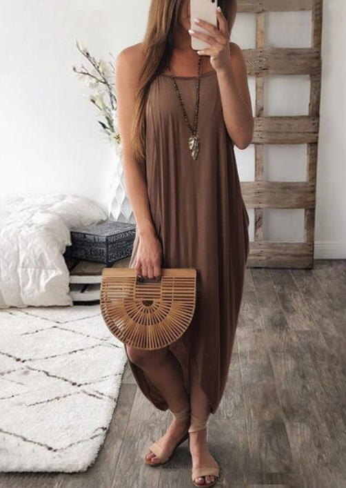 

Maxi Dresses Irregular Wrap Spaghetti Strap Maxi Dress in Coffee. Size