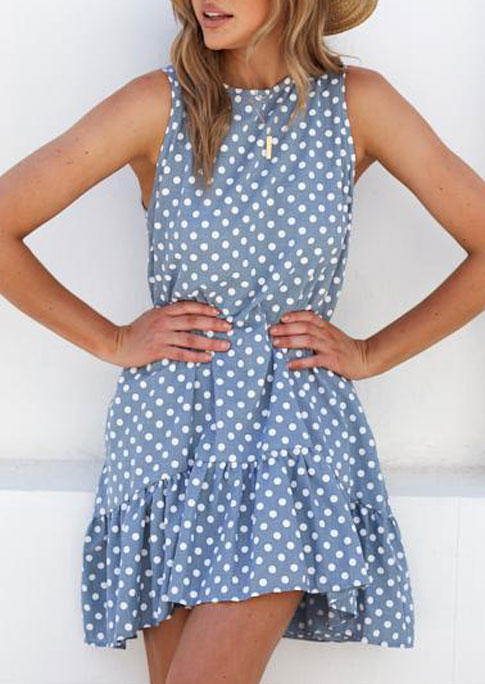 

Mini Dresses Polka Dot Ruffled O-Neck Mini Dress in Blue. Size: ,M,L