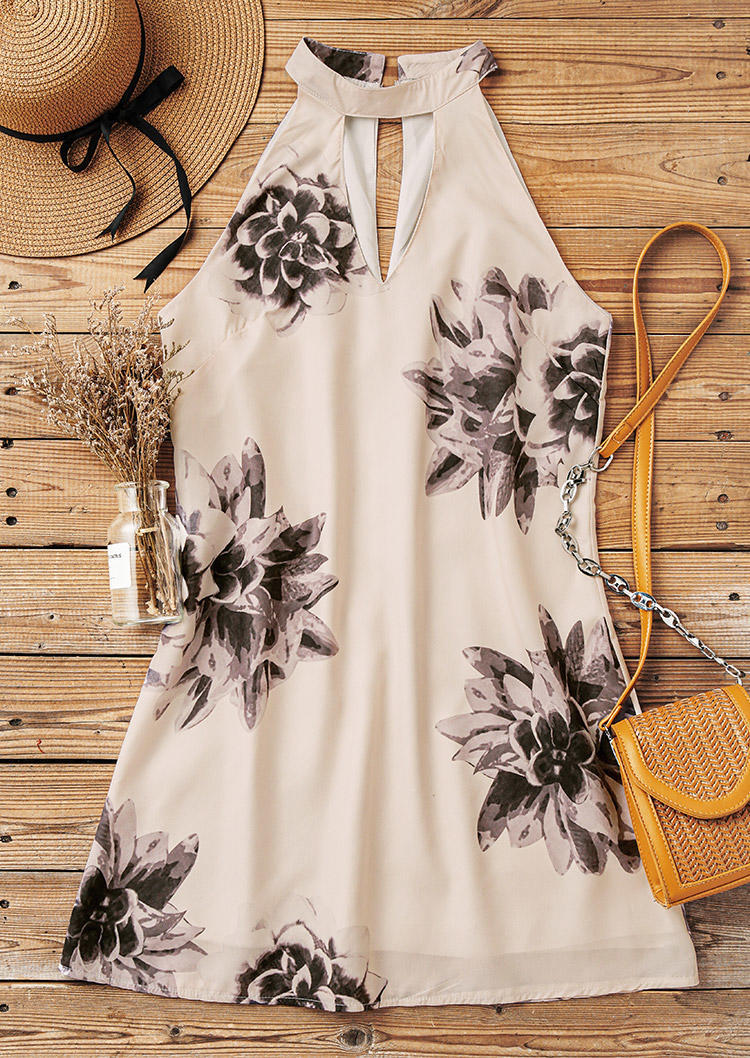 

Mini Dresses Floral Keyhole Neck Halter Sleeveless Mini Dress in Apricot. Size