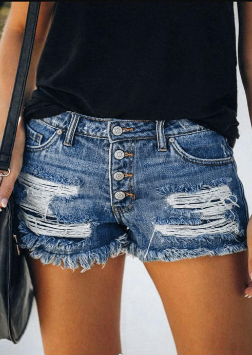 Shorts Pocket Button Ripped Hole Denim Shorts - Deep Blue in Blue. Size: S