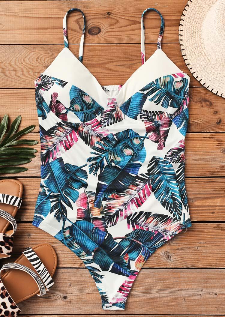

One-Pieces Swimsuit Palm Leaf Spaghetti Strap One-Piece Bathing Suit Swimwear in Multicolor. Size