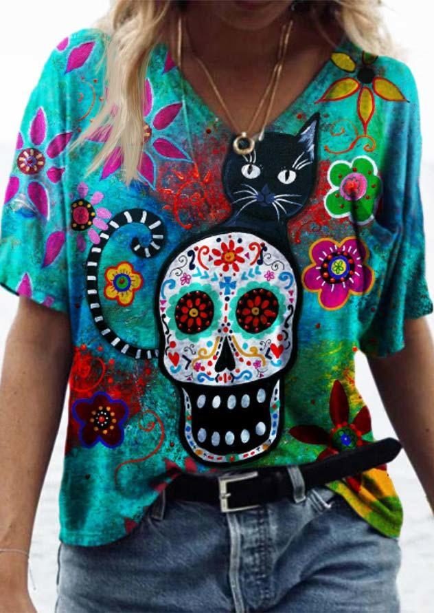 

Blouses Floral Cat Skull Blouse in Multicolor. Size