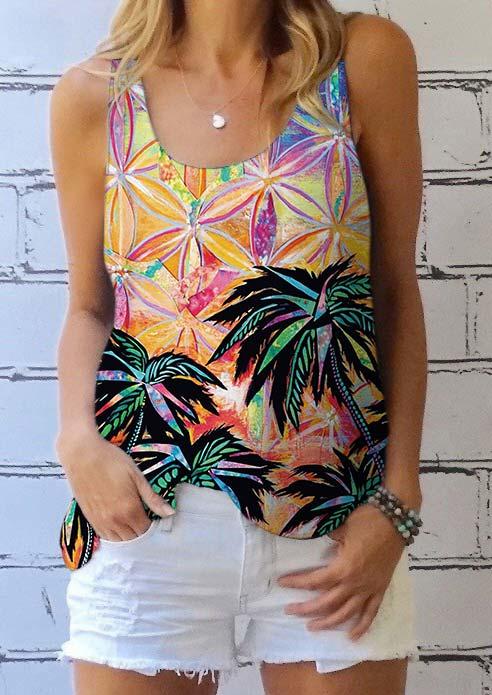 Tank Tops Beach Sunset Coconut Tree O-Neck Casual Tank Top in Multicolor. Size: S