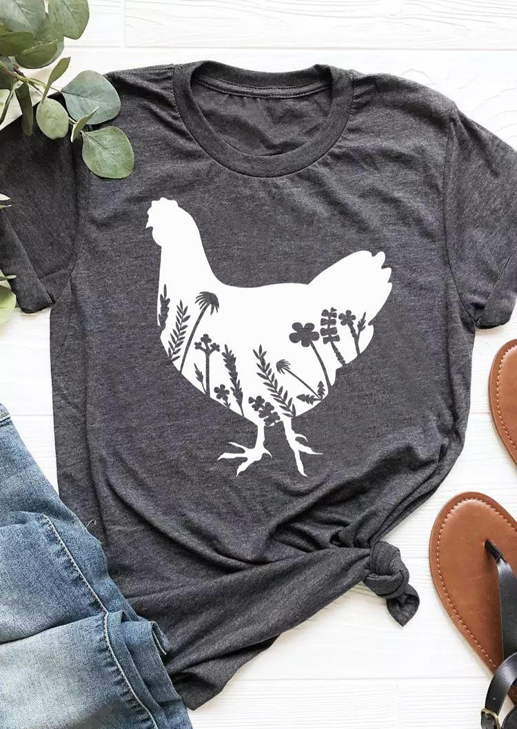 

T-shirts Tees Farm Floral Chicken O-Neck T-Shirt Tee in Dark Grey. Size: ,L