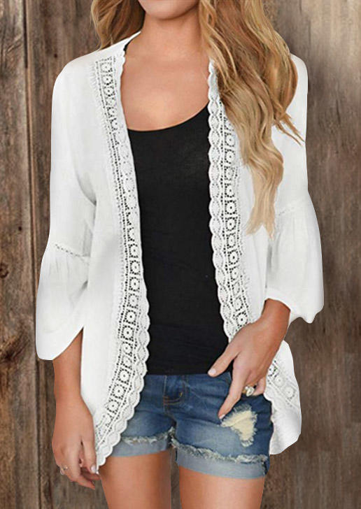 

Cardigans Lace Splicing Flare Sleeve Cardigan in White. Size