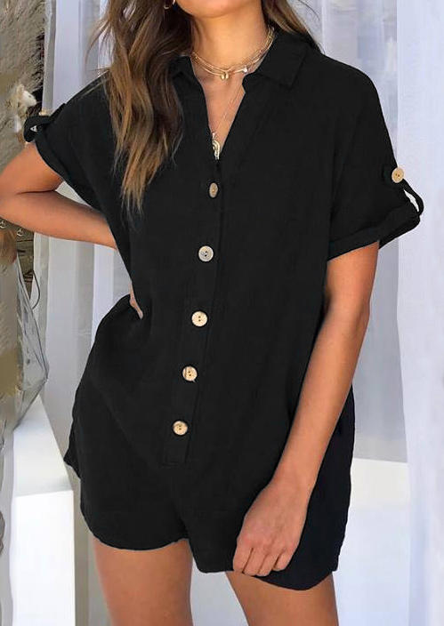 

Jumpsuits & Rompers Single Button Pocket Turn-Down Collar Romper in Black. Size
