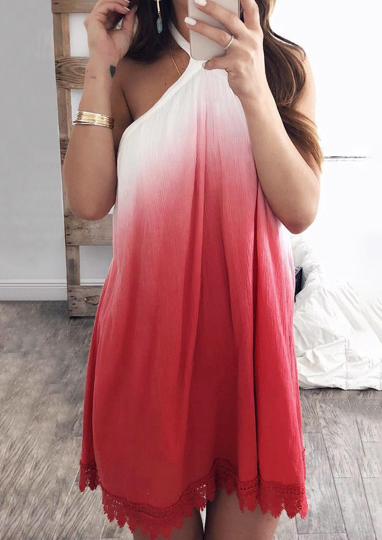 

Mini Dresses Tie Dye Lace Trim Halter Open Back Mini Dress in Red. Size: ,M,L