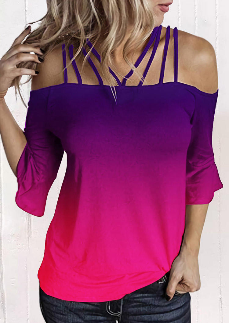 Blouses Gradient Hollow Out Spaghetti Strap Off Shoulder Blouse in Multicolor. Size: XL